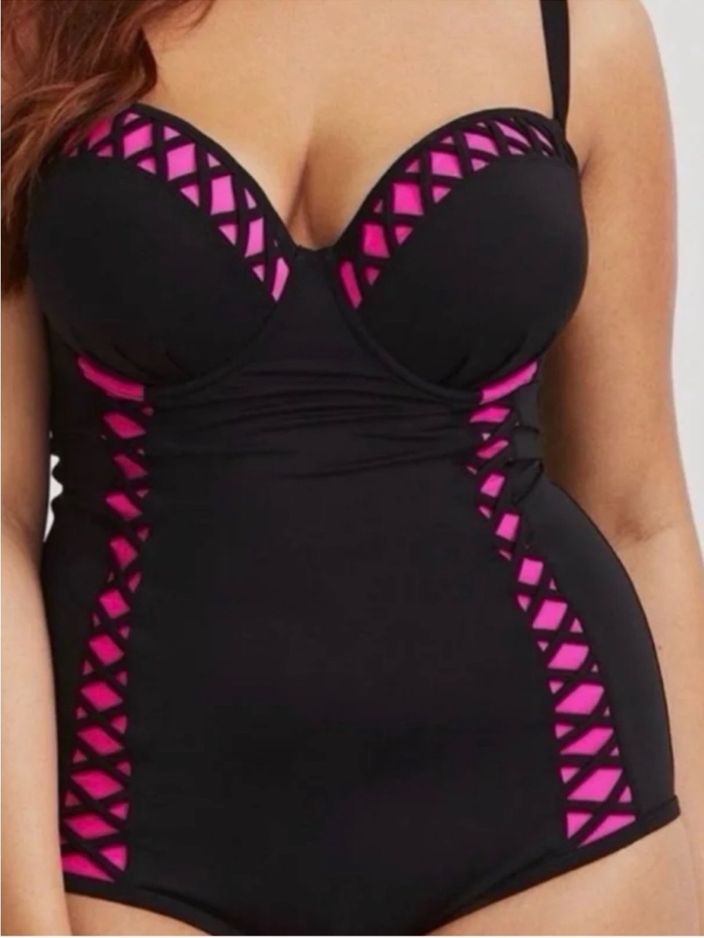 torrid Black One-Piece Swimsuit with Pink Lattice Accents EUC 2X